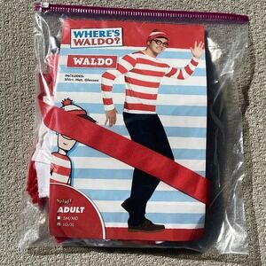 Where's Waldo‎ Costume Adult Spirit Halloween Shirt Hat Glasses Suspenders L/XL
